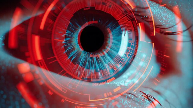 Human eye close up blue iris red digital interface overlay reflecting futuristic AI dashboard technology innovation concept close digital eye iris AI