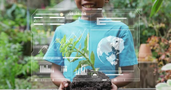 Boy holding seedling while camera pulling back, HUD overlaying charts and globe, teaching gardening