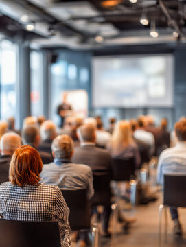 Professional audience attentively listening to a speaker during a modern corporate seminar or conference in a well-lit spacious room with large windows