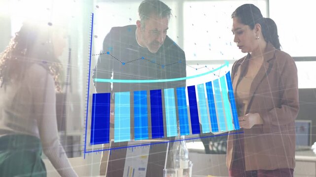 Analytics team opening laptop and pointing at reports, causing 3D blue chart showing rising trends
