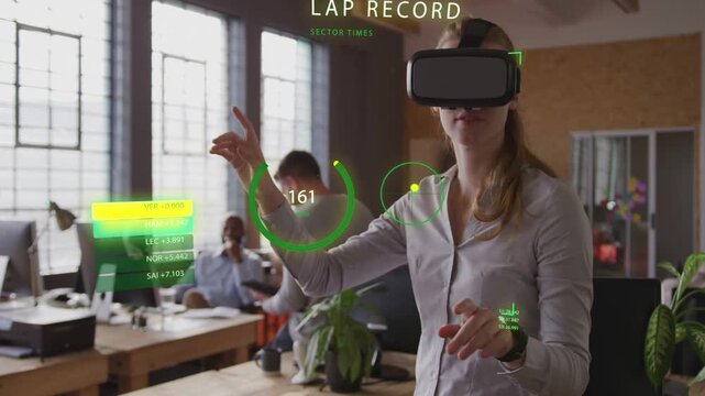 Woman wearing VR headset raising hand and pinching holographic gauge and panel, testing UX feature