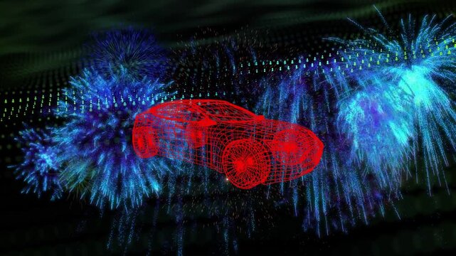 Vertical video: Red wireframe car floating above dotted grid, emitters firing cyan bursts for tech