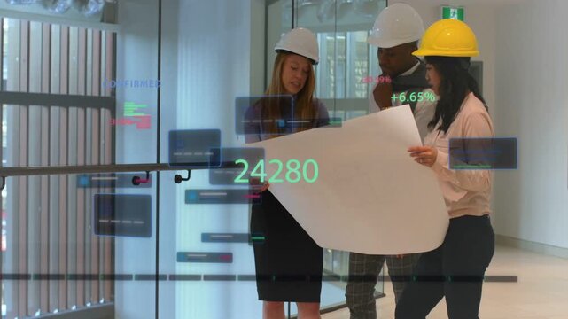 Site team holding plan while right woman adjusting sheet and HUD showing 24280 +6
