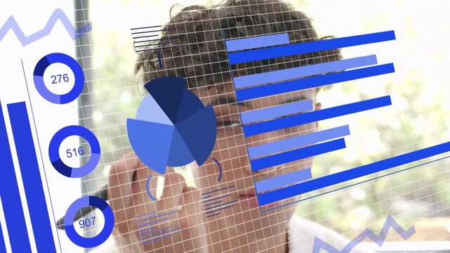 Analyst touching glass causing animated data charts tracing bars while numbers updating, analyzing