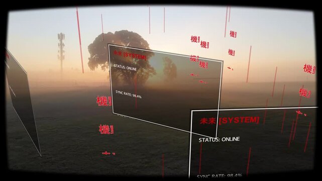 Camera shifting right down causing HUD tilting and sliding, red glyphs increasing, displaying sync