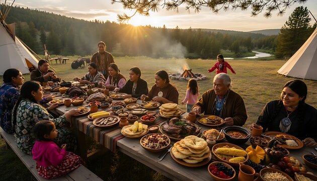 Indigenous community members gather for a bountiful traditional outdoor feast at sunset, celebrating connection and heritage in a serene natural setting with tipis