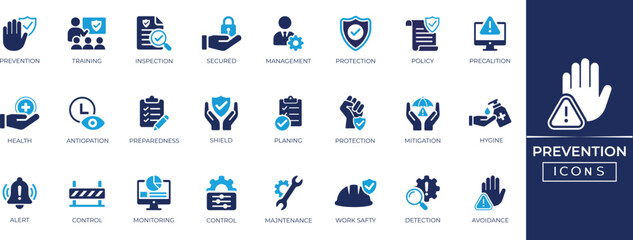 Naklejka premium Prevention icon set of safety, policy, health, intervention, security, awareness, alert, and more. Solid icons collection.