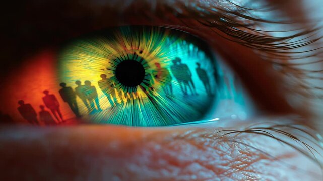 Human eye close up with colorful reflection of silhouettes and digital interface, iris and pupil showing vibrant connection, diversity, observation