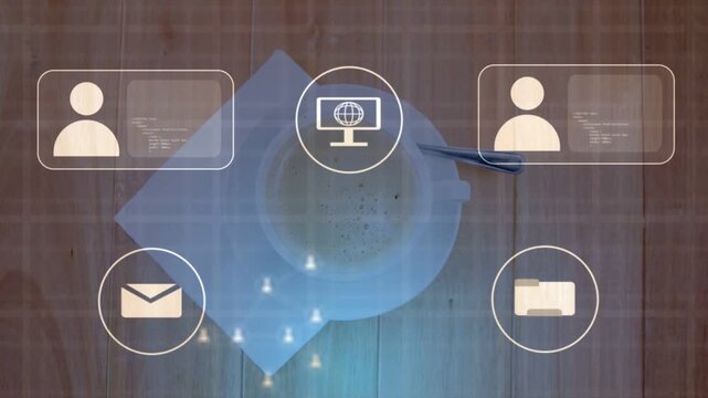 White cup on napkin, spoon right, three dots popping around cup, tech icons showing network fading