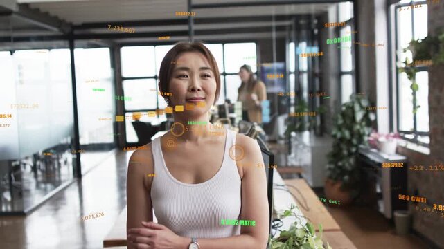 Face detection activating HUD female standing at desk AR tracking face chest points for analytics