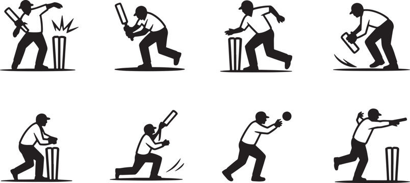 Cricket player action icons: batting, bowling, fielding, and wicket-keeping with cricket