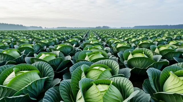 Vibrant green cabbage field on a cloudy day, agriculture landscape
