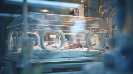Obraz premium Newborn Asian Baby Finds Peace Within Modern Incubator Neonatal Intensive Care Unit