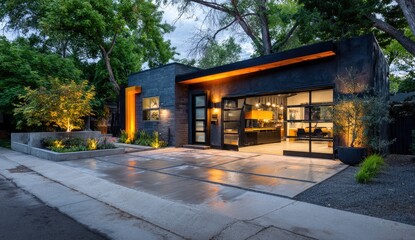 Fototapeta premium Modern home with sleek dark exterior, glass garage door, and illuminated landscaping