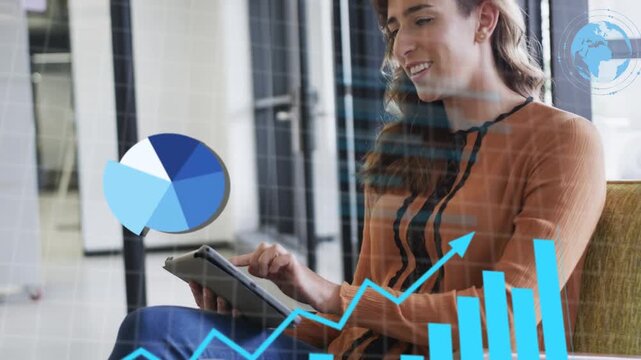 Woman tapping tablet in office bringing live charts and numbers while analysing data for insights