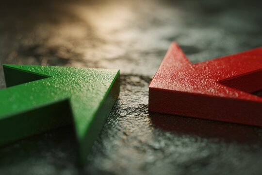 Detailed view of green and red wooden arrows positioned facing each other on a textured dark surface symbolizing opposition or choice between directions with natural