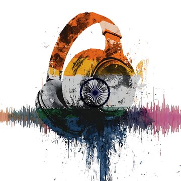 Headphones painted with the colors and Ashoka Chakra of the Indian flag, set against an abstract soundwave background.