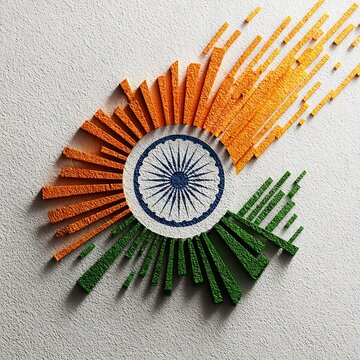 Artistic textured design featuring the Ashoka Chakra surrounded by stylized saffron and green stripes on a rough white background, symbolizing the Indian flag.