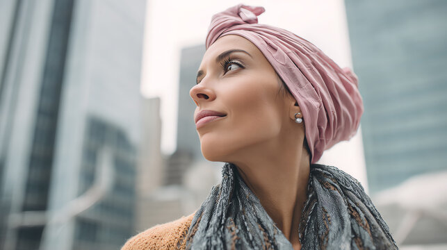 A woman in a stylish head wrap gazes thoughtfully at the skyline, embodying urban elegance and modernity.