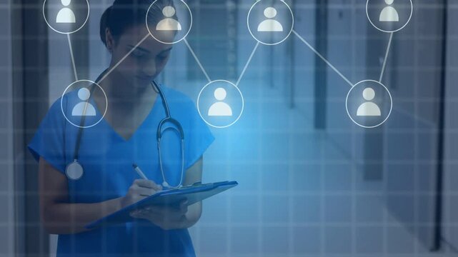 Nurse updating clipboard in corridor, activating medical grid with user icons showing records