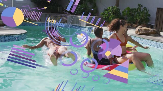 Four adults splashing in pool for fun woman swinging arm causing animated tech charts tracing waves