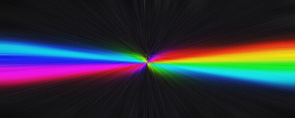 Abstract horizontal rainbow light beam on dark background with radial motion blur and grain © Illustro Paradise