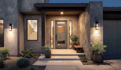 Fototapeta premium Modern residence exterior with stone facade, glass door, and evening illumination