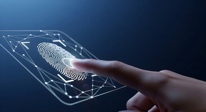 Close up of a person using a futuristic biometric fingerprint scanner for secure digital authentication
