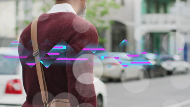 Commuter walking bike curb, pausing checking cars while glitch bars and bokeh overlaying transit