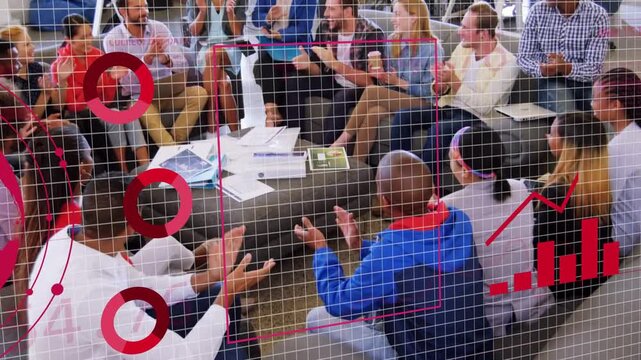 Business team reviewing data at table, red globe and grid appearing, evolving into charts, clapping