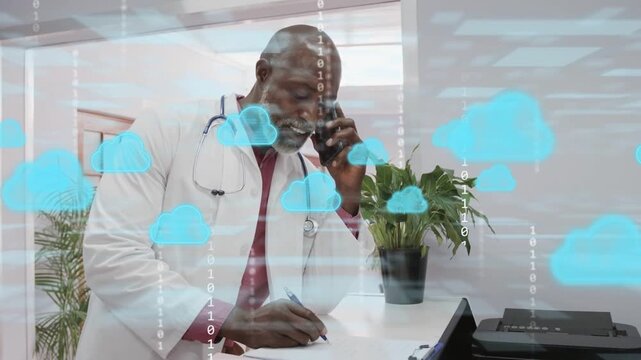 Incoming call doctor answering call, updating notes, clouds, binary code moving around him, fading