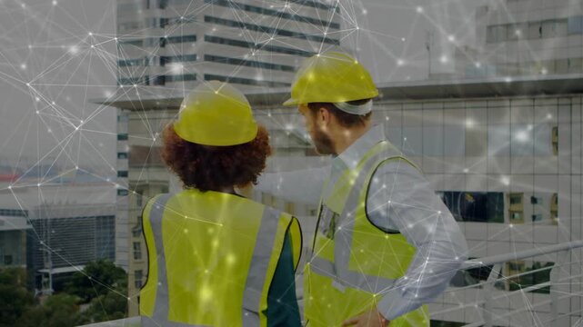 Site team leaning and pointing at skyline, woman adjusting hardhat, planning, network overlaying
