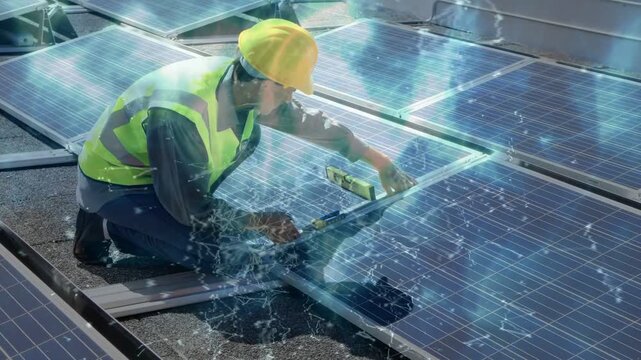 Roof tech placing solar panel on rails, leveling and clamping to mount, blue overlay guiding setup