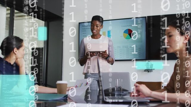 Female lead tapping tablet starting teal UI and falling code over charts presenting business data