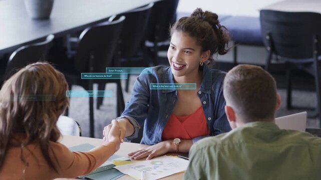 Center lead offering hand leading team via business charts showing floating blue labels for review
