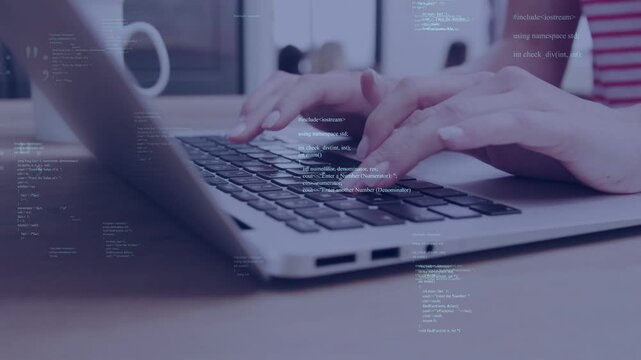 Woman reaching laptop keyboard pressing keys and typing code causing overlaying code lines near mug