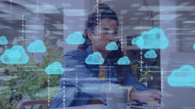 Woman typing on laptop, initiating cloud overlay and binary code, handling mug, showing cloud sync