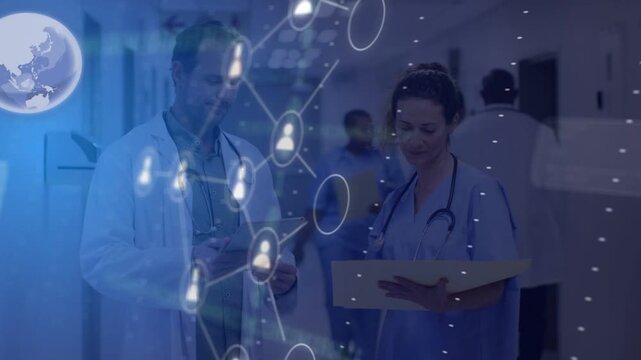 Dr tapping tablet and starting holograms in hospital, nurse reading folder reviewing patient data