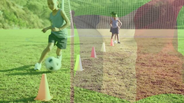 3 boys stepping forward, dribbling ball through cones, training control with color tint for soccer