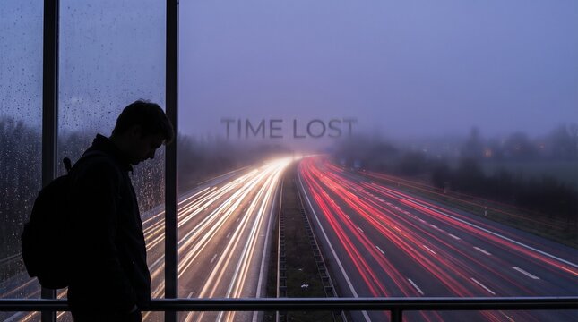 Silhouette Watching Highway Light Trails with Time Lost Text.