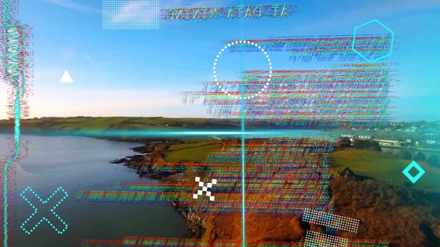 HUD activating, drone panning coastline, overlays shifting and glitching, settling for mapping