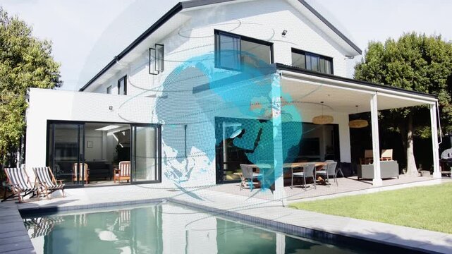 Translucent globe fading in over white house rotating down to cast blue tint and pool reflection