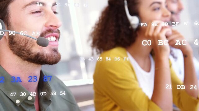 Call-center agents answering incoming calls, donning headsets and speaking while hex overlay moving