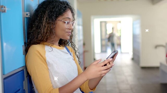 Teen leaning on school lockers scrolling phone causing teal sweep centering on phone face reacting