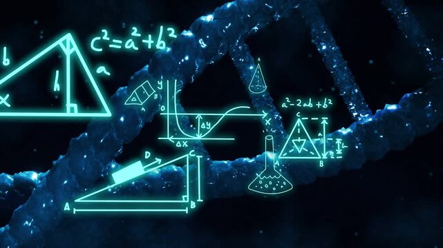 Triangle appearing, neon diagrams sliding and aligning DNA helix, marking ticks toward pulsing tube
