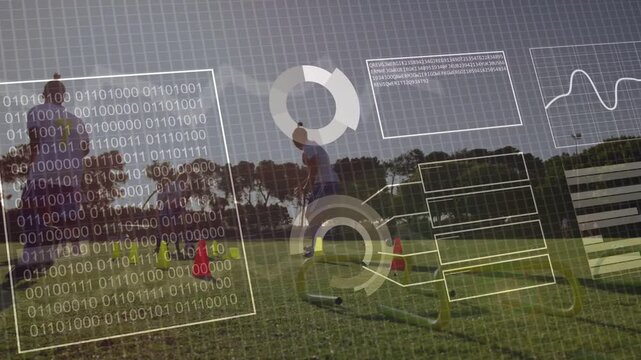 Coach signaling start, sports team running cones, hurdling while HUD mapping performance metrics
