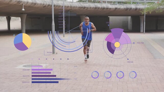 Male runner starting distant, running toward camera underpass, HUD tracking fitness prosthetic limb