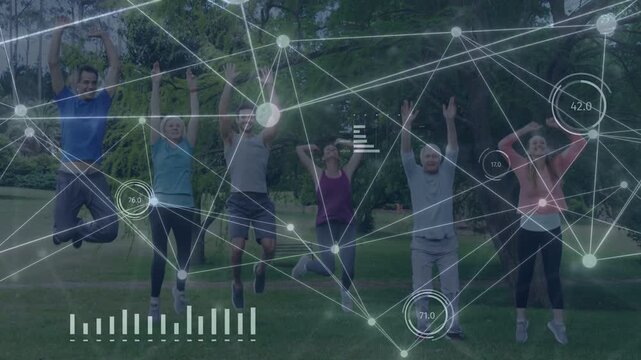 Network overlay appearing, six people doing jumps in park for fitness, node badges aligning