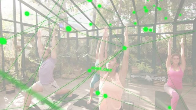Center woman holding warrior in solarium group practicing for health while tracking crossing dots
