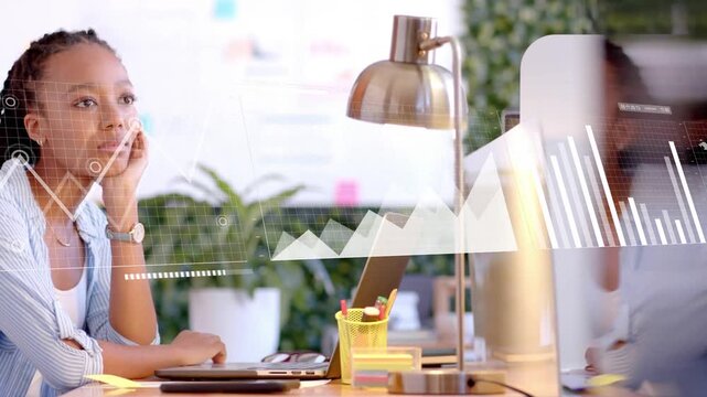 Woman leaning, analyzing business data as camera shifting, charts appearing across monitor